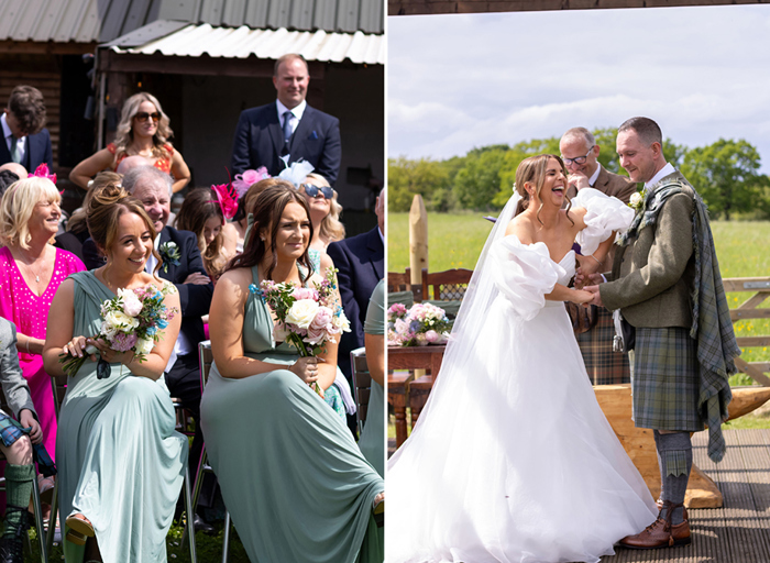 bridesmaids sitting watching and bride and groom laughing