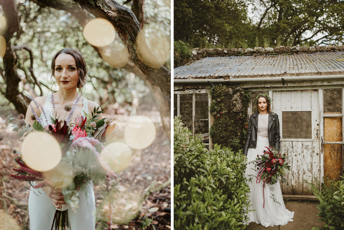 Bride pictured outside holding pink and red bridal bouquet