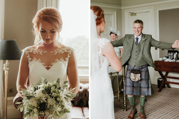 A Bride Holding A White Bouquet And A Man Holding Arms Open