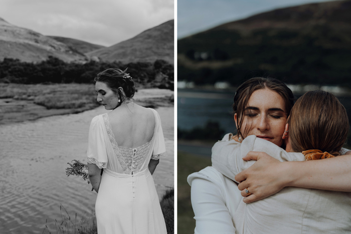 Black and white photo of bride and another showing her hugging a guest