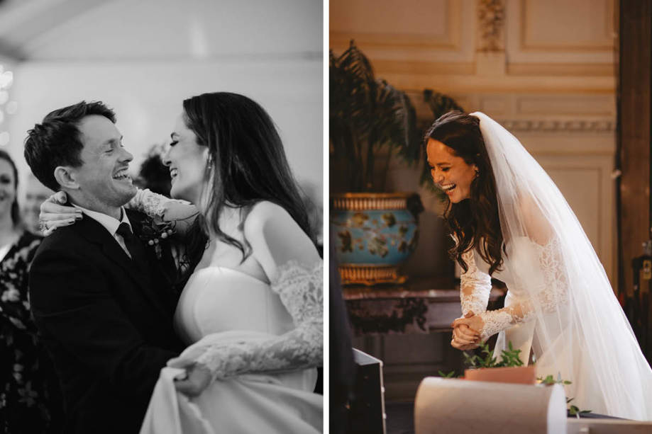 A Bride And Groom Laughing Look At Each Other On Left And Bride Laughing On Right