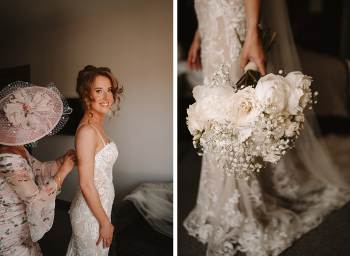 a person wearing a pink floral hat and dress fastens buttons on the back of a bride's dress on left. A detail shot of a hand holding a large white bridal bouquet against a section of an ornate lace wedding dress on right