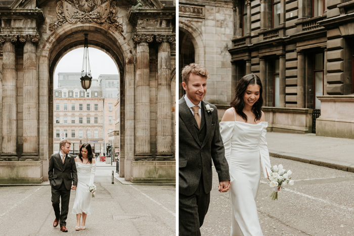 Bride and groom enjoy couple portrait in Glasgow city centre