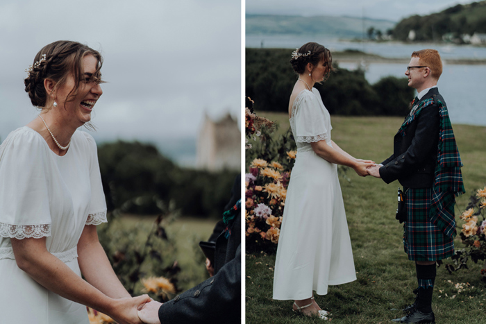 Bride laughs and couple hold hands during ceremony