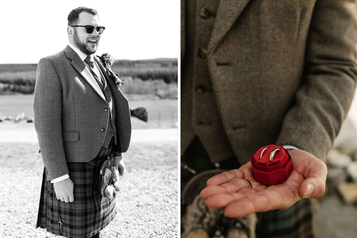 Black and white image of the groom and grooom holding ring box