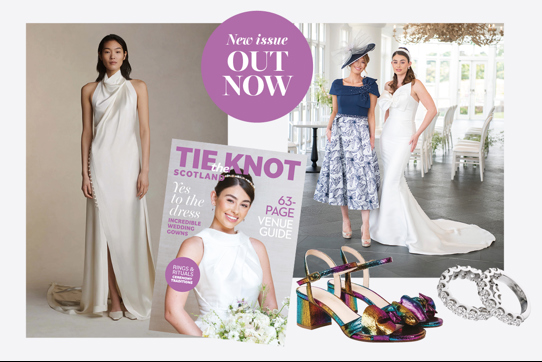 Collage image of various bridal images: bride in white dress with high neck, bride with white dress and flowers, rainbow coloured heels, mum and bride and rings