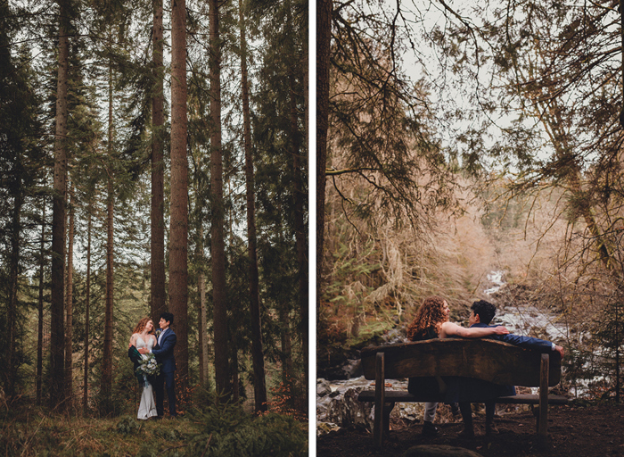 A couple in a forest, on the left standing next to each other in front of trees and on the right sitting on a bench overlooking a river