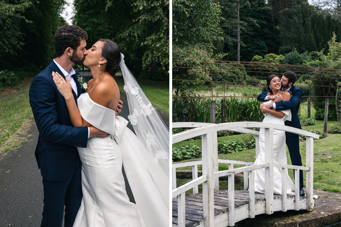 a bride and groom kiss below trees on left and groom cuddles and kisses bride from behind while standing on a white wooden bridge structure at Blairquhan Castle on right