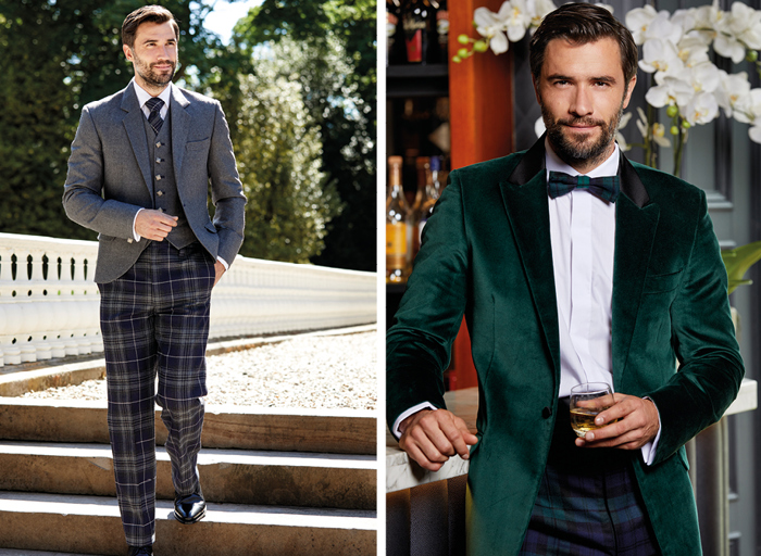 Model in two images: first wearing grey tartan trews and jacket walking downstairs and the other leaning against a bar wearing a green velvet dinner jacket and tie holding glass of whisky