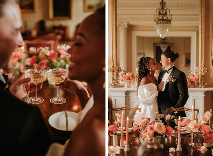 Peering between the shoulders of bride and groom and then across the table with a mirror behind them