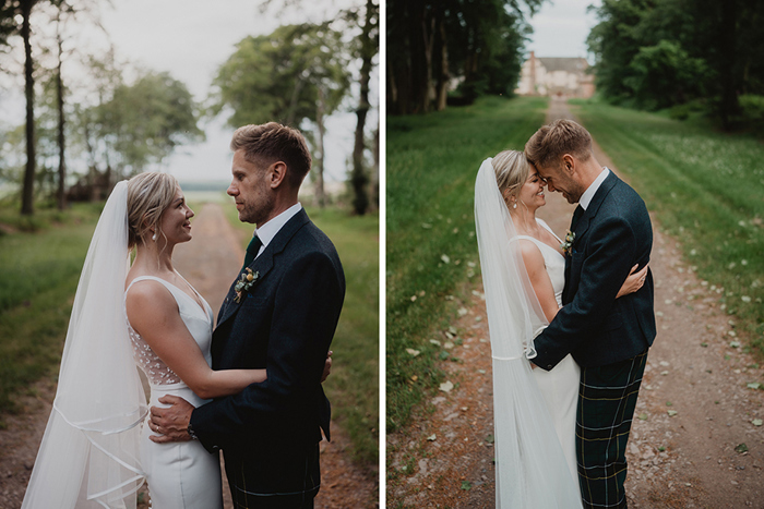 A Bride And Groom Posing For Pictures In The Grounds Of Wedderlie Hosue