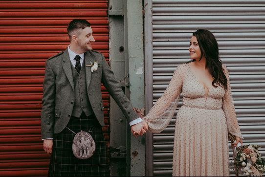 Barras Art And Design Wedding Glasgow Barrowlands With Bride Wearing Anne Priscilla Bridal Watters Mercury Dress And Groom Wearing Mccalls Kilt