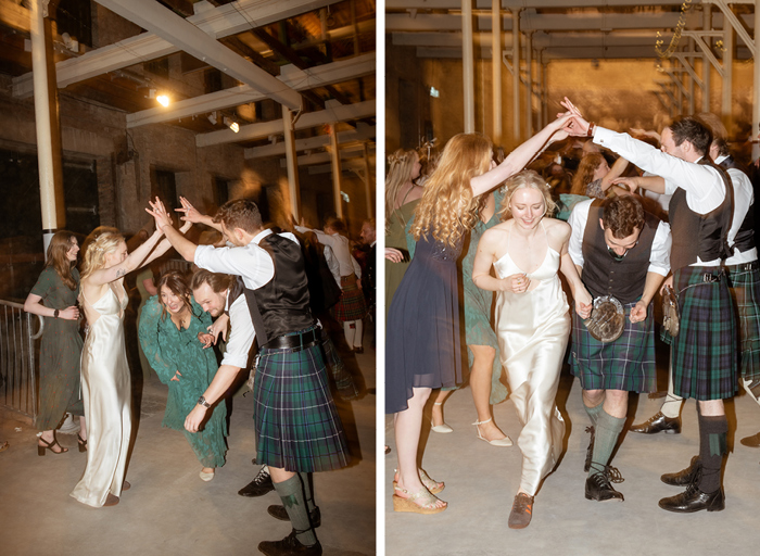 people ceilidh dancing at a wedding in Verdant Works in Dundee