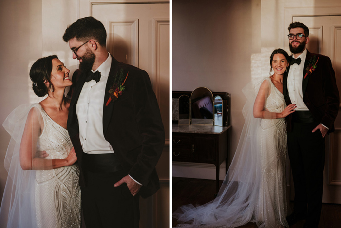 Bride Wearing Eliza Jane Howell Wedding Dress With Groom Wearing Velvet Tuxedo At Netherbyres House