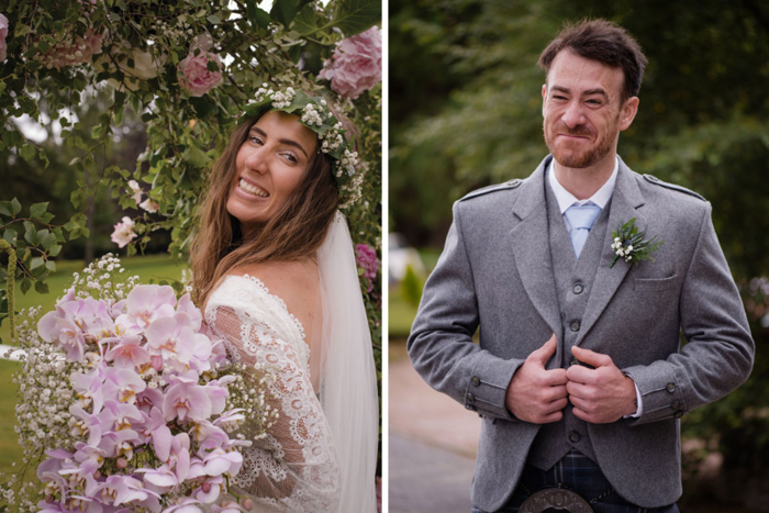 A Bride And Groom Posing In The Grounds Of Raemoir House