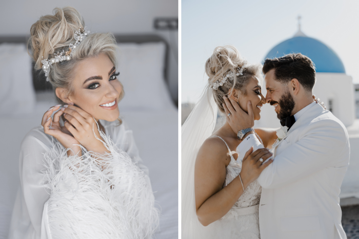 bride smiling in white robe with feathers putting earring in, bride and groom embracing and smiling in front of white and blue Greek building