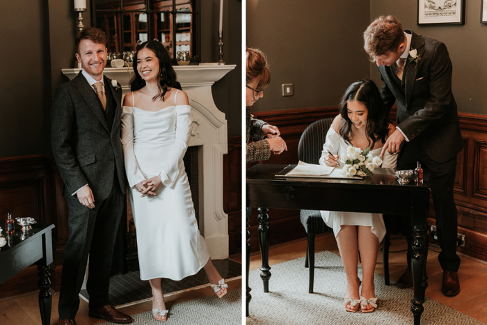 Couple smiling and signing register