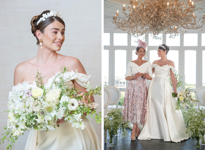 A bride wearing an off-the-shoulder white wedding dress holding a white bouquet and a mother of the bride wearing a white and pink dress