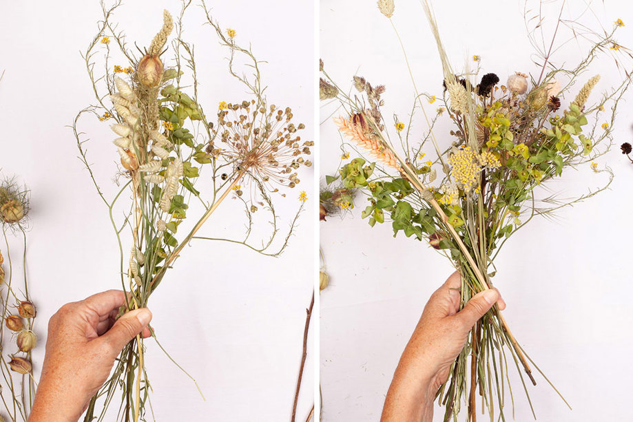 bunching together stems for dried flower bouquet