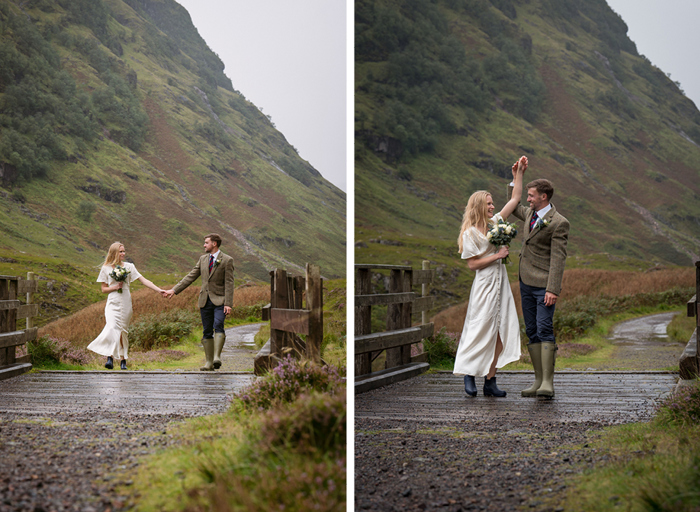 a bride and groom holding hands and walking (on left) and dancing (on right) over a wooden bridge in Glencoe on left. The sky is grey and the ground is damp