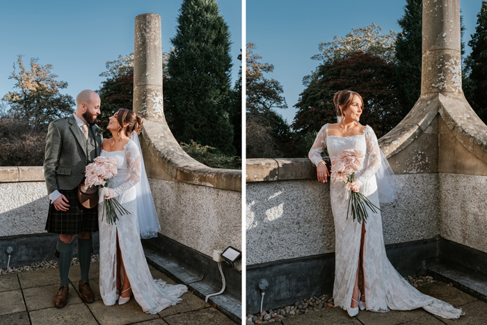 Bride and groom get photos taken on a patio