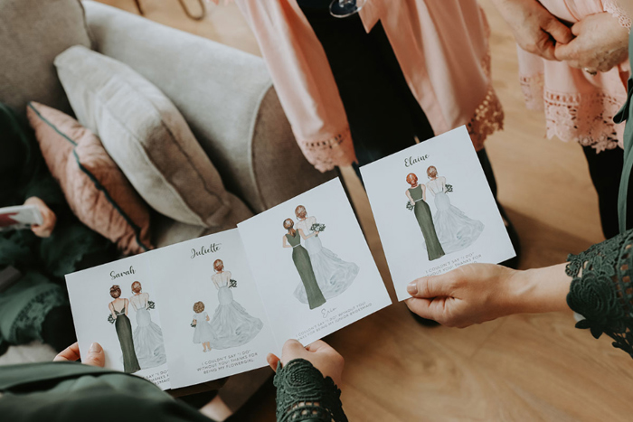 Hand-drawn thank you cards to the bridesmaids