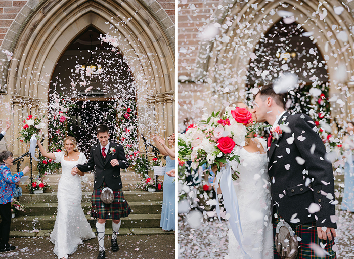 A couple walking out of a church as confetti is thrown over them