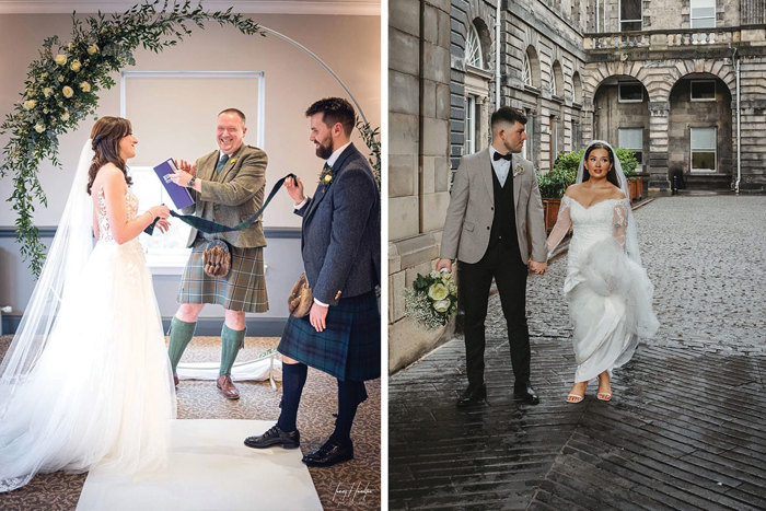 Bride and groom perform a handfasting ceremony and couple walk holding hands outdoors