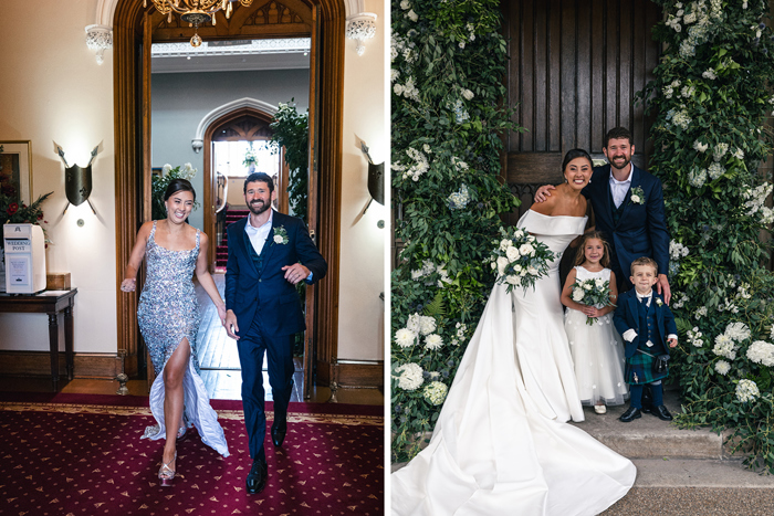 a joyous bride wearing a silver sequin dress with split enters a room with dark red patterned carpet at Blairquhan Castle while holding the hand of a groom wearing a dark blue suit