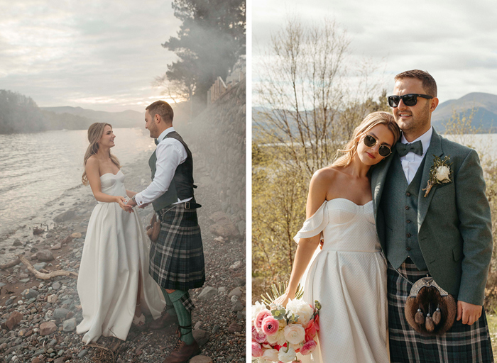 a bride and groom holding hands in a smoky atmosphere on a stony riverbank on left. A sunglass-wearing bride puts her head on a sunglass-wearing groom's shoulder on right