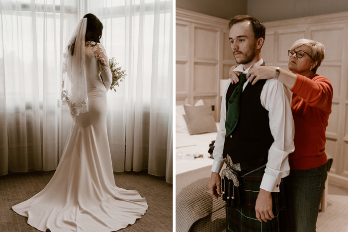 Bride showing off her wedding dress and groom being helped into his outfit