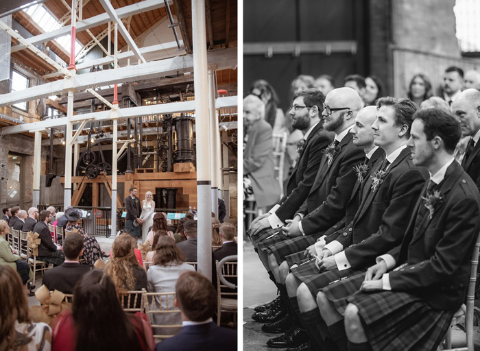 a bride and groom holding hands during a wedding ceremony at Verdant Works as guests look on on left. A black and white image of five seated men wearing kilts on right