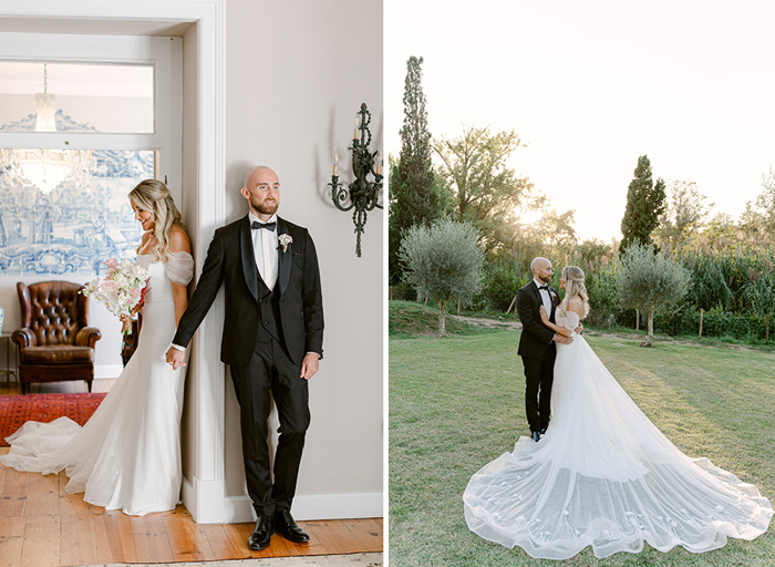 a bride and groom perform a 'first touch' around a doorway on left. A bride and groom pose in muted golden sunlight in a garden