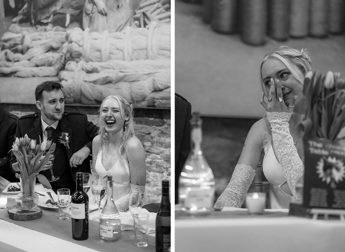 two black and white images of a seated bride and groom looking happy and emotional during their wedding speeches