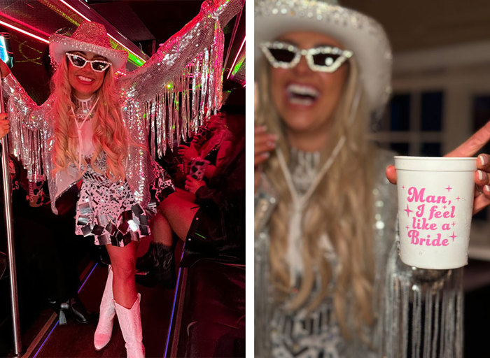 Same blonde woman in both photographs wearing silver outfit and white boots