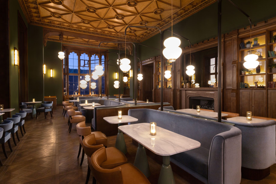 the newly refurbished dining room at mar hall with ample seats and tables