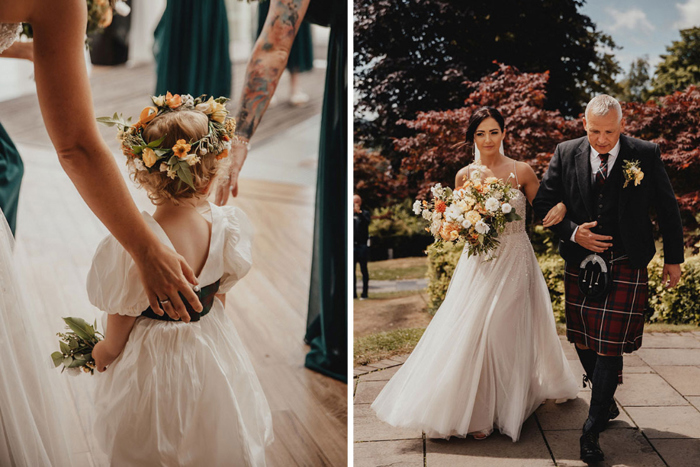 Image of couple's daughter wearing flower crown and image of bride and her father