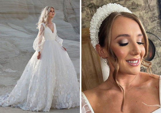 Sassi Holford wedding dress and bride wearing statement hairband