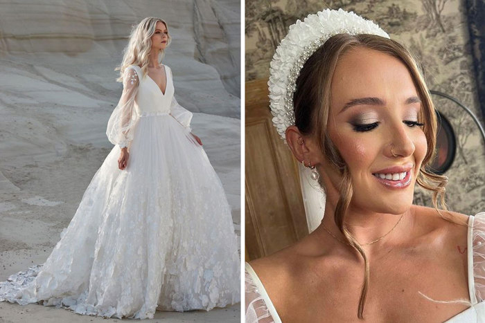 Sassi Holford wedding dress and bride wearing statement hairband