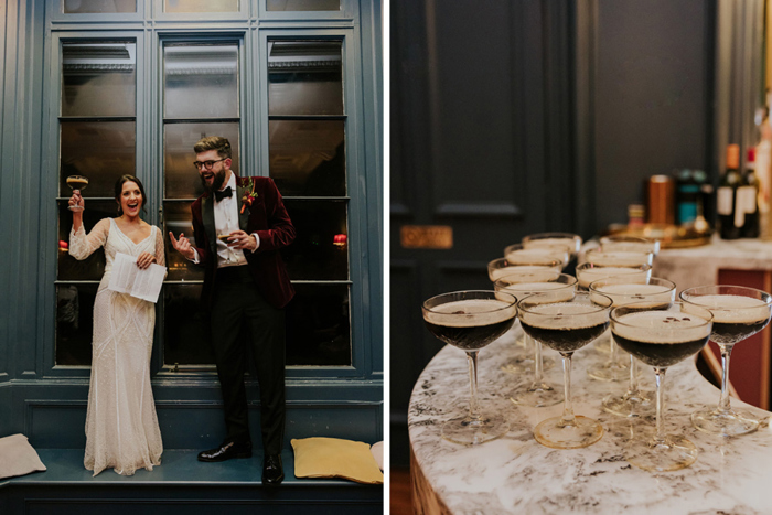 Bride And Groom Toasting With Espresso Martinis And Espresso Martinis On Marble Countertop