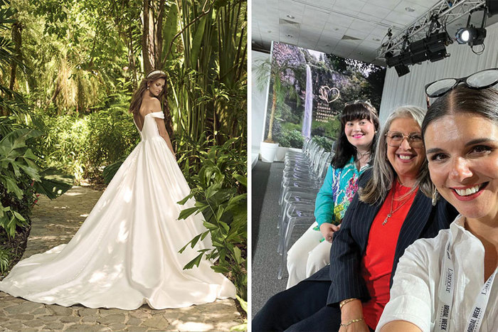 a woman in a wedding dress on left and three women taking a selfie on right 