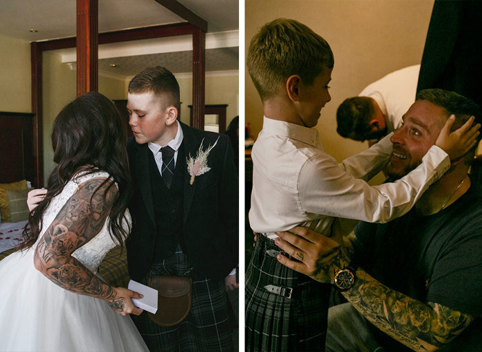 On the right a woman and a boy kiss each other on the cheek, on the left a young boy puts his hands either side of a man's head as he holds onto the boy's waist and they smile at each other