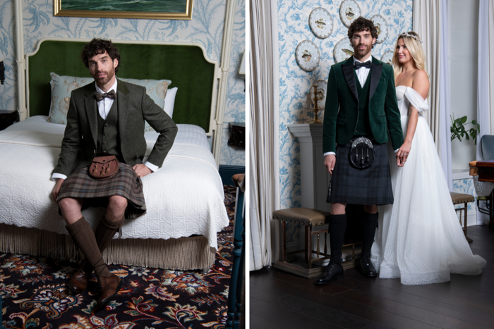 Man sitting wearing Highlandwear outfit on edge of bed and an image of a bride and groom holding hands. The groom is standing in front wearing Hihglandwear in green tones, with the bride wearing a floor length white gown