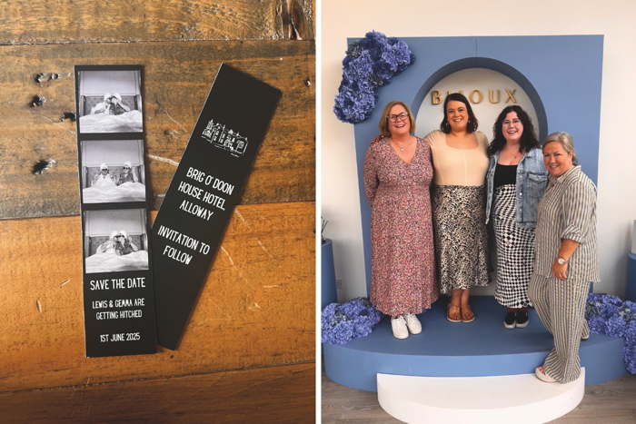 On left is the couple's save the dates, which are black and white and in the style of a photobooth print. On the right Gemma is joined by three other adult women in front of blue background with flowers and 'Bijoux' sign