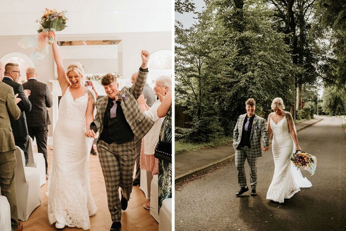 Brides cheer as they leave the ceremony and walk hand in hand down a road