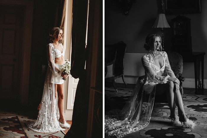 A Bride Posing By A Window And Sitting Wearing A Lace Dressing Gown