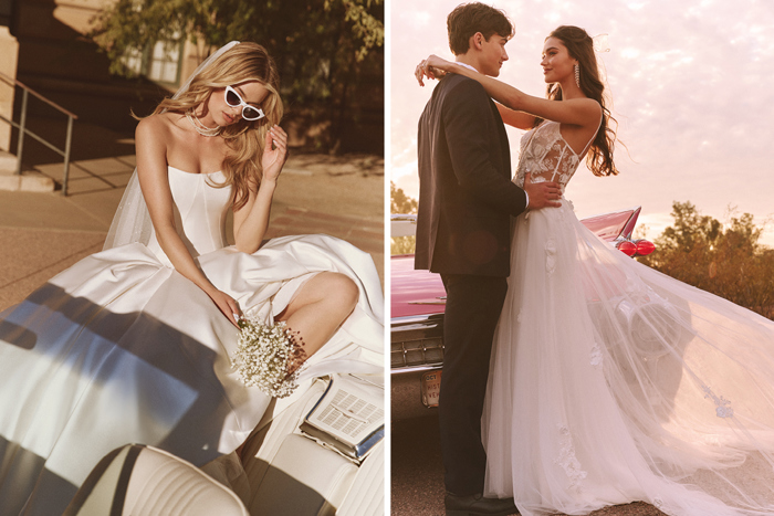 Model wearing strapless wedding dress with sunglasses and another with corset bodice and groom next to her