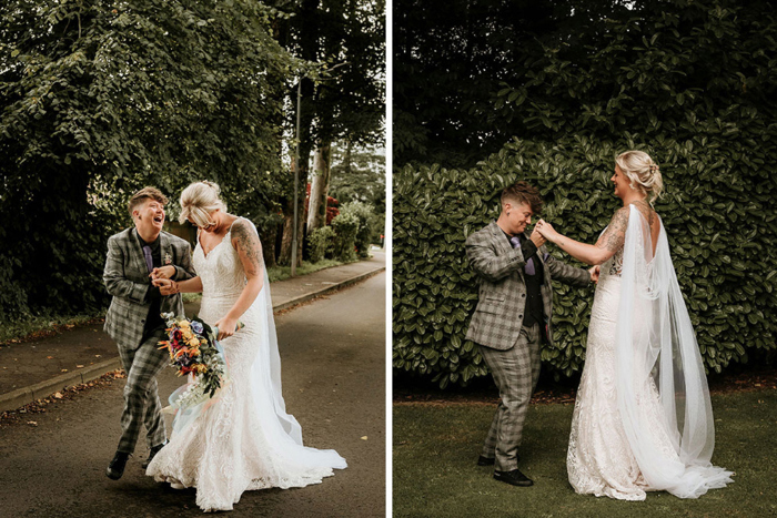 Brides laugh during candid couple portraits