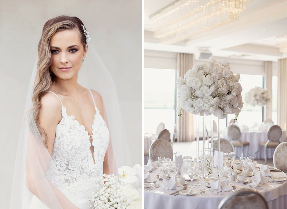 a close-up portrait of a bride holding a white bouquet of flowers and wearing a veil on left. A round table at Lochside House Hotel decorated for a wedding dinner with tall white rose centrepiece on right