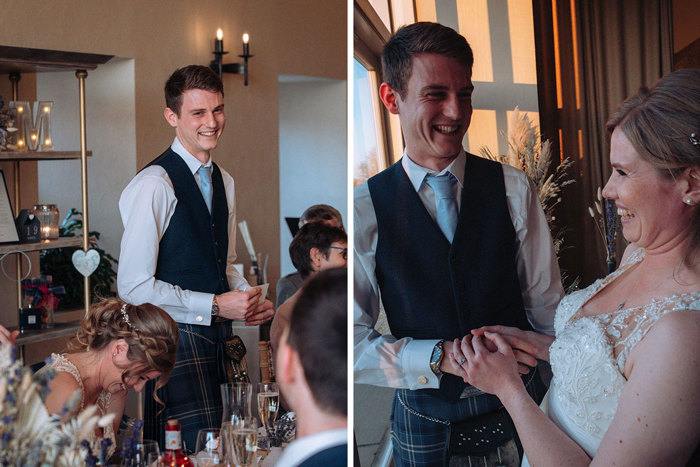 Laughing bride and groom at Newhall Mains wedding reception